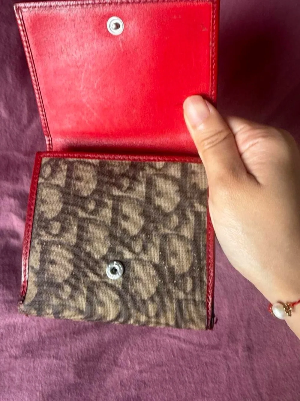 Dior Monogram Canvas Wallet with Burgundy Trim and Yellow Patch